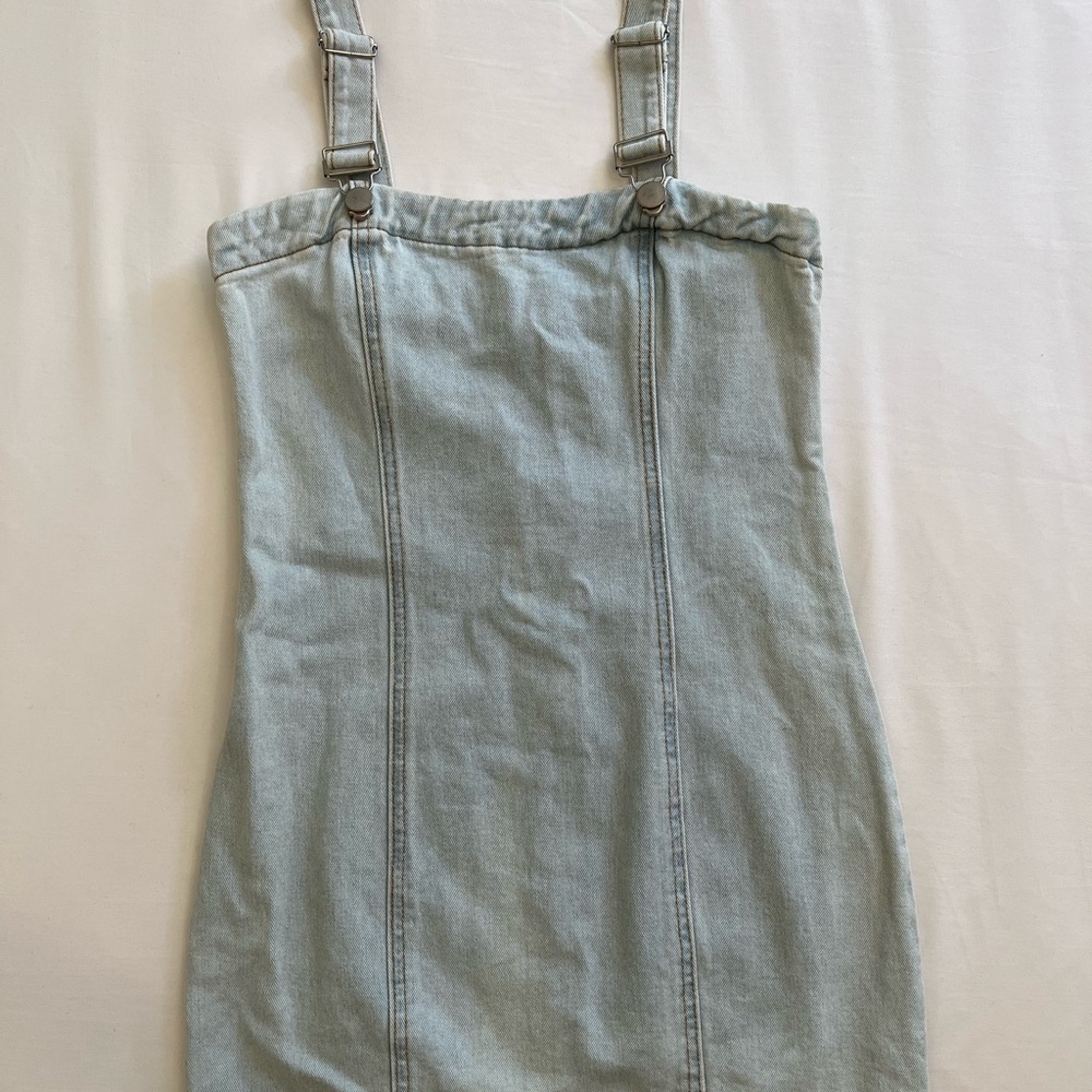 Overall pinafore strap light denim mini dress